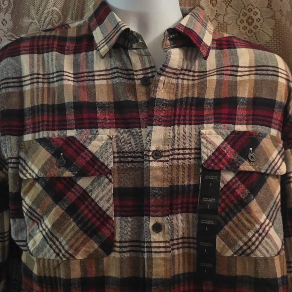 New Banana Republic‎ Plaid Shirt Mens Size L Red, Black, Cream